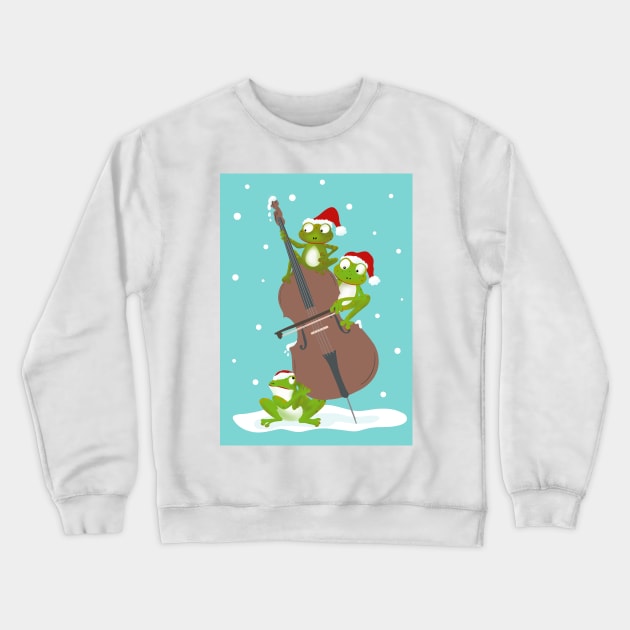 Three funny frogs playing the double bass in Santa hats Crewneck Sweatshirt by NattyDesigns